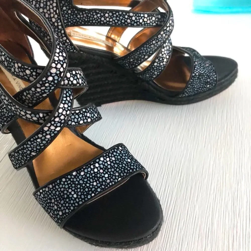 Cynthia Vincent Wedge Sandal In Black & Metallic Speckle Rope Heel